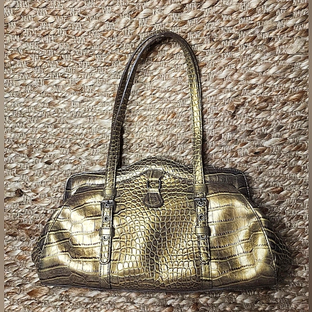 MX Brand Mock Croc Pattern Textured Faux Leather Gold Handbag Purse. Vintage